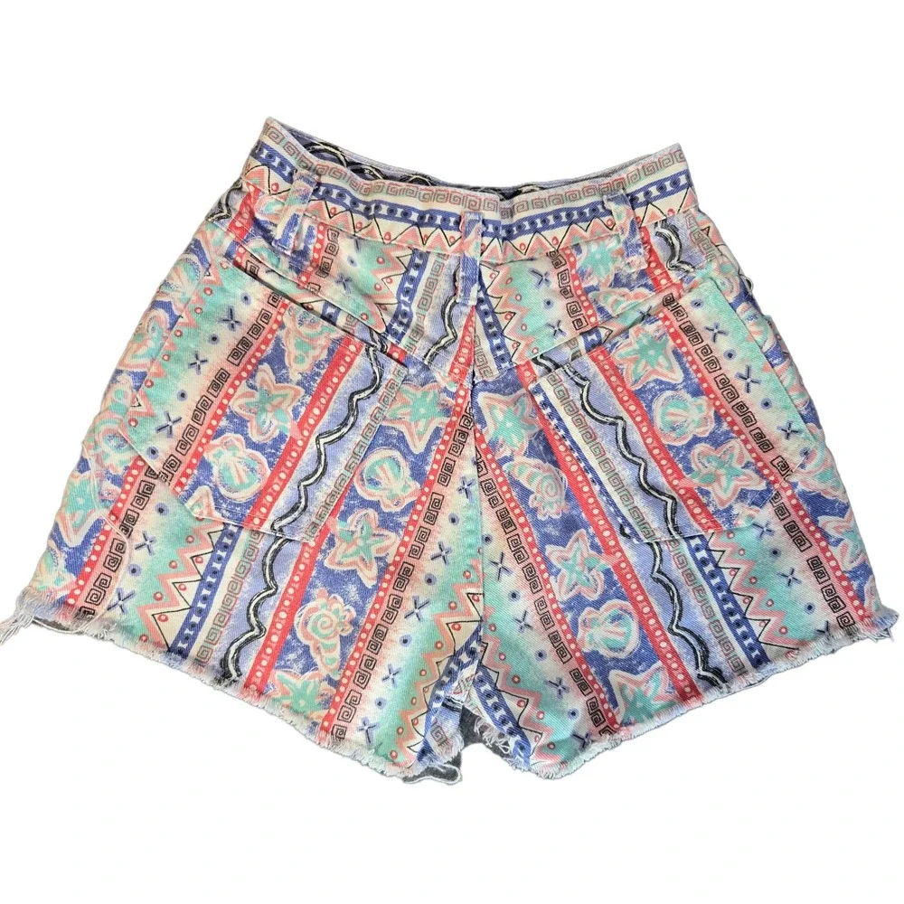 Vintage Mixed Blues 90s High Waist Tribal Print Denim Shorts Sz 5 Made in USA